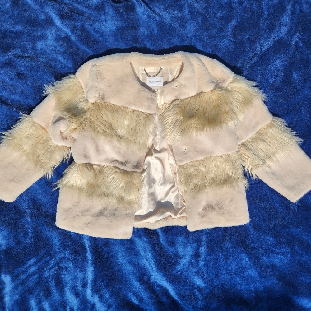 BCBGeneration Cream Teddy Jacket With Shaggy Fur Panels